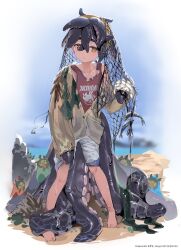 Rule 34 | 1boy, barefoot, black hair, brown cardigan, cardigan, character name, closed mouth, copyright request, creatures (company), crossed bangs, dated, day, dohyo123123, fishing net, full body, game freak, hair between eyes, highres, kelp, kieran (pokemon), long sleeves, looking at viewer, male focus, nintendo, off shoulder, ogerpon, orange eyes, outdoors, pokemon, pokemon (creature), pokemon sv, red tank top, shorts, sky, standing, tank top, tentacle hair, tentacles, torn clothes, wet, wet clothes, white shorts