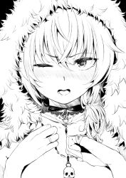 Rule 34 | 1girl, absurdres, akagi asahito, blush, choker, commentary request, fuha mika (akagi asahito), fur-trimmed hood, fur trim, fur trimm, greyscale, hand on own chest, highres, hood, jewelry, lace-trim, lace-trimmed choker, lace trim, monochrome, necklace, one eye closed, open mouth, original, portrait, ring, skull, skull necklace, solo, teeth, v-shaped eyebrows, wavy mouth
