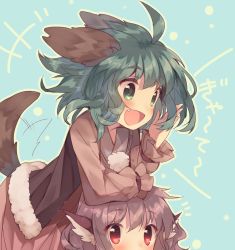 Rule 34 | 2girls, ahoge, animal ears, blue background, blush, dress, fang, green eyes, green hair, kasodani kyouko, long sleeves, md5 mismatch, multiple girls, mystia lorelei, open mouth, out of frame, pink hair, red eyes, resized, resolution mismatch, short hair, smile, source larger, tail, tail wagging, text focus, touhou, usamata, vest