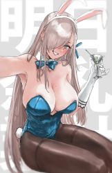 Rule 34 | 1girl, animal ears, asuna (blue archive), asuna (bunny) (blue archive), bare shoulders, blue archive, blue eyes, blue leotard, bow, bowtie, breasts, cleavage, cup, detached collar, drinking glass, drinking straw, fake animal ears, gloves, hair over one eye, head tilt, highres, large breasts, leotard, light brown hair, long hair, mole, mole on breast, osakana (denpa yun&#039;yun), outstretched arm, pantyhose, playboy bunny, rabbit ears, rabbit tail, sitting, smile, tail, thighs, traditional bowtie, translation request, white gloves