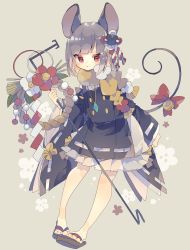 Rule 34 | 1girl, :t, alternate costume, animal ears, arm behind back, bare legs, beads, beige background, bell, black dress, blush, bow, buttons, closed mouth, commentary request, detached sleeves, dowsing rod, dress, flower, frills, full body, grey hair, hand up, highres, holding, holding rod, jewelry, jingle bell, kouhaku nawa, layered clothes, looking at viewer, mickey mouse, mouse, mouse ears, mouse hair ornament, mouse tail, nazrin, nikorashi-ka, pendant, pout, red bow, red eyes, red flower, red ribbon, ribbon, ribbon-trimmed clothes, ribbon-trimmed dress, ribbon-trimmed sleeves, ribbon trim, rope, sandals, scarf, shide, shimenawa, short hair, sidelocks, simple background, solo, swept bangs, tail, tail bell, tail bow, tail ornament, tassel, touhou, very long sleeves, white flower, white ribbon, wide sleeves, wreath, yellow neckwear, yellow ribbon, zouri