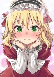Rule 34 | 1girl, blonde hair, blush, collar, commentary request, dress, embarrassed, flower, frilled collar, frilled hairband, frilled sleeves, frills, green eyes, hair ribbon, hairband, hands on own face, highres, idolmaster, idolmaster cinderella girls, lolita fashion, lolita hairband, long sleeves, nose blush, red dress, red ribbon, ribbon, rose, sakurai momoka, short hair, solo, sparkle, starheart, steaming body, sweat, upper body, wavy hair, wavy mouth