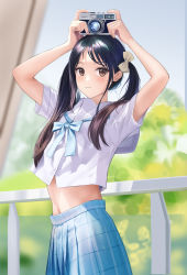 Rule 34 | 1girl, arms up, black hair, blue skirt, blurry, blurry background, bow, bowtie, brown eyes, buttons, camera, crop top, crop top overhang, depth of field, dress shirt, hair bow, highres, holding, long hair, looking at viewer, lunacle, midriff, navel, original, outdoors, photo-referenced, pleated skirt, school uniform, shirt, short sleeves, skirt, solo, stomach, twintails, upper body, white shirt