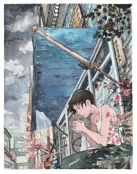 Rule 34 | 1boy, acrylic paint (medium), bad id, bad pixiv id, bicycle, black eyes, black hair, can, cherry blossoms, cloud, collarbone, frown, gom jabbar, highres, hill, male focus, original, painting (medium), profile, short hair, sitting, sky, solo, tank top, town, traditional media, watercolor (medium)