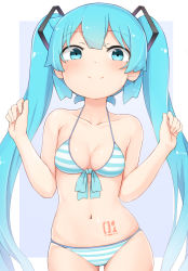Rule 34 | 1girl, abmayo, absurdres, bare arms, bare shoulders, bikini, blue eyes, blue hair, blush, breasts, child, closed mouth, collarbone, commentary request, cowboy shot, front-tie bikini top, front-tie top, halterneck, hands up, hatsune miku, highres, long hair, looking at viewer, medium breasts, navel, panties, simple background, smile, solo, standing, stomach tattoo, striped bikini, striped clothes, swimsuit, tattoo, thigh gap, twintails, underwear, very long hair, vocaloid
