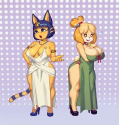 2girls absurdres ancient_egyptian animal_crossing animal_ears ankha_(animal_crossing) annoyed armlet bell black_eyes black_footwear blonde_hair blue_eyes blue_footwear blue_hair blush bow breast_hold breast_rest breasts buck_teeth cat_ears cat_girl cat_tail cleavage collar covered_navel curvy dog_ears dog_girl dog_tail dotted_background dress embarrassed eyelashes eyeshadow fang female_focus full_body green_dress hair_bell hair_ornament halter_dress halterneck hand_on_own_breast hand_on_own_chest hand_on_own_hip headdress high_heels highres huge_breasts humanization isabelle_(animal_crossing) jewelry jingle_bell large_breasts lipstick looking_afar looking_at_breasts looking_away looking_down makeup multiple_girls navel neck_bell necklace nintendo open_mouth plunging_neckline polka_dot polka_dot_background purple_background purple_eyes revealing_clothes riz rolling_eyes sagging_breasts shiny_skin short_hair side_slit sideboob simple_background standing tail teeth thick_thighs thighs tied_ears upper_teeth_only uraeus white_dress wide_hips