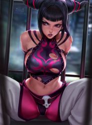 Rule 34 | 1girl, arms behind back, bars, breasts, bruise, commission, commissioner upload, cuts, drill hair, halterneck, halterneck, han juri, highres, injury, kittew, pantyhose, parted lips, prison, prison cell, solo, spread legs, street fighter, street fighter iv (series), torn clothes, twin drills