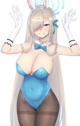 Rule 34 | 1girl, absurdly long hair, absurdres, arms up, asuna (blue archive), asuna (bunny) (blue archive), bare shoulders, blue archive, blue bow, blue bowtie, blue halo, blue leotard, bow, bowtie, breasts, brown pantyhose, cleavage, covered navel, gloves, grin, hair over one eye, hair ribbon, halo, highres, large breasts, latte, leotard, long hair, mole, mole on breast, pantyhose, playboy bunny, ribbon, simple background, smile, solo, straight hair, thighband pantyhose, traditional bowtie, very long hair, white background, white gloves
