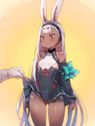 Rule 34 | 1girl, animal ears, azur lane, bare shoulders, blush, bow (bhp), breasts, brown eyes, clothes lift, cowboy shot, gluteal fold, hairband, lifting another&#039;s clothes, long hair, long sleeves, looking at viewer, one-piece tan, rabbit ears, shimakaze (azur lane), simple background, skirt, skirt lift, small breasts, solo focus, standing, tan, tanline, thick eyebrows, white hair
