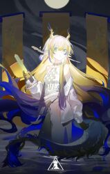Rule 34 | 1girl, absurdres, arknights, bare shoulders, blonde hair, blue hair, blue horns, bracelet, commentary request, cowboy shot, dragon girl, dragon horns, dragon tail, gradient hair, green eyes, hair ornament, hair stick, highres, holding, horns, jacket, jewelry, lai dou laile 555, long hair, long sleeves, looking at viewer, multicolored hair, off shoulder, open clothes, open jacket, pants, parted lips, pearl bracelet, pointy ears, rhodes island logo (arknights), shirt, shu (arknights), solo, strapless, strapless shirt, tail, tube top, very long hair, wading, water, white hair, white jacket, white pants, white shirt, white tube top, yellow horns