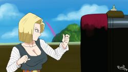 Rule 34 | 1girl, adjusting hair, android 18, animated, animated gif, blonde hair, blue eyes, bouncing breasts, breast slip, breasts, breasts out, brown beltcloud, day, dragon ball, dragonball z, earrings, jewelry, large breasts, medium breasts, nipples, no bra, outdoors, pinkpawg, punching, short hair, sky, solo, standing, upper body, walking, wardrobe malfunction