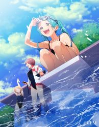 Rule 34 | 3girls, aqua hair, blonde hair, blue one-piece swimsuit, brown hair, closed eyes, cloud, cloudy sky, copyright notice, crypton future media, day, from below, goggles, hair ornament, hairclip, hatsune miku, jacket, kagamine rin, long hair, meiko (vocaloid), momoiro oji, multiple girls, one-piece swimsuit, outdoors, pool, short hair, sky, stretching, swimsuit, vocaloid, wet, wet hair