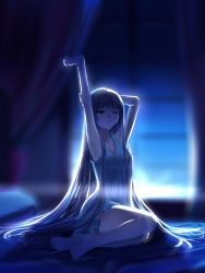 Rule 34 | 1girl, absurdres, backlighting, blurry, depth of field, highres, legs, long hair, looking at viewer, night, nightgown, original, solo, stretching, very long hair, x-red flower