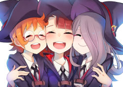 Rule 34 | 10s, 3girls, :d, black ribbon, blue hat, blue robe, blush, brown hair, cheek-to-cheek, closed eyes, collared shirt, commentary request, glasses, group hug, hair over one eye, happy, hat, hat ornament, hat ribbon, heads together, hug, kagari atsuko, little witch academia, long hair, lotte jansson, multiple girls, neck ribbon, onigensou, open mouth, orange hair, purple hair, red-framed eyewear, red ribbon, ribbon, robe, round eyewear, round teeth, semi-rimless eyewear, shirt, short hair, simple background, smile, sucy manbavaran, teeth, upper body, white background, white shirt, witch hat