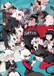 Rule 34 | 1boy, 6+girls, :d, ahoge, angel, animal ears, azazel (helltaker), beelzebub (helltaker), black gloves, black hair, black neckwear, black pants, black pantyhose, black skirt, black suit, black vest, blue background, breasts, cellphone, cerberus (helltaker), clawed gauntlets, cleavage, clipboard, closed mouth, clothes writing, coffee cup, collared shirt, commentary, cup, dark skin, demon, demon horns, demon tail, disposable cup, dog ears, dress shirt, english commentary, engrish commentary, everyone, eyeshadow, fang, formal, glasses, gloves, grin, hair ornament, hair over one eye, halo, hand on own hip, harem, heart, heart-shaped pupils, heart hair ornament, helltaker, helltaker (character), highres, holding, holding clipboard, holding cup, holding phone, horns, idkuroi, judgement (helltaker), justice (helltaker), lanyard, long hair, looking at another, looking at viewer, lucifer (helltaker), makeup, malina (helltaker), medium breasts, medium hair, miniskirt, modeus (helltaker), mole, mole under eye, multiple girls, name tag, necktie, open mouth, pandemonica (helltaker), pant suit, pants, pantyhose, parted bangs, pencil skirt, phone, portal (object), red eyes, red gloves, red legwear, red shirt, red sweater, ribbed sweater, ringed eyes, shirt, shirt grab, short hair, skirt, skirt suit, smartphone, smile, smoke, suit, sunglasses, sweatdrop, sweater, symbol-shaped pupils, tail, tie clip, vest, waistcoat, wavy hair, wavy mouth, white eyes, white gloves, white hair, white pants, zdrada (helltaker)