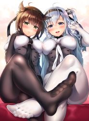 Rule 34 | 2girls, 3:, :d, ahoge, black gloves, black legwear, black neckerchief, blush, bodysuit, breast press, breasts, brown hair, clothes writing, covered erect nipples, elbow gloves, feet, female focus, foot focus, from below, gloves, green eyes, hair flaps, hairband, hand on own chest, hatsuzuki (kancolle), highres, kantai collection, long hair, looking at viewer, medium breasts, multiple girls, neckerchief, nipples touching, no pants, no shoes, one side up, open mouth, pantyhose, purple eyes, sasachin (k+w), school uniform, serafuku, shiny clothes, short hair, silver hair, simple background, sitting, smile, soles, suzutsuki (kancolle), toes, white background, white gloves, white legwear, white neckerchief