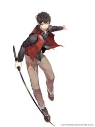 Rule 34 | 1boy, absurdres, black footwear, black hair, black shirt, brown eyes, brown pants, highres, holding, holding sword, holding weapon, leenim, lord of dice, lower teeth only, male focus, official art, open clothes, open mouth, open vest, pants, red vest, shirt, shoes, short hair, solo, sword, teeth, tower of god, twenty-fifth bam, vest, weapon, white background