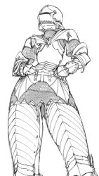 Rule 34 | 1girl, absurdres, armor, breastplate, chainmail, cuisses, full armor, gauntlets, greyscale, hands on own hips, helm, helmet, highres, knight, long sleeves, medieval, monochrome, original, plate armor, wass nonnam