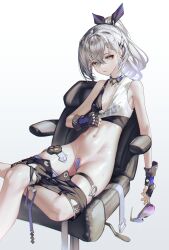 Rule 34 | 1girl, bandaid, bandaid on pussy, black gloves, black shorts, breasts, cloth pull, crop top, crossed bangs, drill hair, drill ponytail, fingerless gloves, gloves, grey eyes, grey hair, hair between eyes, highres, honkai: star rail, honkai (series), iumu, long hair, looking at viewer, multicolored shirt, ponytail, shorts, silver wolf (honkai: star rail), simple background, sitting, small breasts, solo, stomach, sweat, thigh strap, white background