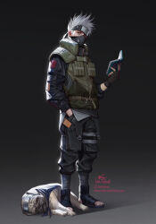 Rule 34 | 1boy, commentary, dog, english commentary, fingerless gloves, forehead protector, gloves, hand in pocket, hatake kakashi, headband, highres, in-hyuk lee, instagram username, looking at viewer, male focus, mask, mouth mask, naruto (series), ninja, one eye covered, reading, sandals, signature, solo, toes, watermark, web address, white hair