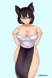 Rule 34 | 1girl, animal ears, bare shoulders, black hair, blush, breasts, cat ears, cleavage, highres, kali belladonna, large breasts, looking at viewer, mature female, rwby, shonomi, short hair, simple background, solo, thighs, wide hips, yellow eyes