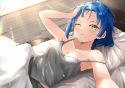 Rule 34 | 1girl, armpits, bare shoulders, bed sheet, blue hair, bocchi the rock!, breasts, cleavage, closed mouth, collarbone, ear piercing, forehead, grey shirt, hand in own hair, highres, indoors, kikugawa roku, looking at viewer, lying, medium breasts, mole, mole under eye, on back, on bed, one eye closed, piercing, pillow, reaching, reaching towards viewer, shirt, solo, strap slip, sunlight, t-shirt, under covers, upper body, wooden floor, yamada ryo