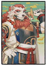 Rule 34 | 1boy, absurdres, animal ears, bara, blue eyes, bluecard916, claws, fang, fang out, furry, furry male, hand on own hip, highres, holding, holding sword, holding weapon, komainu boy, komainu ears, looking at viewer, male focus, over shoulder, sdorica, smile, sword, sword over shoulder, toyokuni (sdorica), weapon, weapon over shoulder