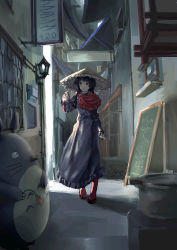 Rule 34 | 1girl, absurdres, ajirogasa, alley, artist name, awning, black eyes, black hair, box, braid, brown hat, capelet, dress, flower, full body, grey dress, hand up, hat, highres, holding, long hair, long sleeves, mmmarisa, pink flower, red capelet, red legwear, sandals, shadow, smile, solo, standing, touhou, translation request, wilted flower, window, yatadera narumi