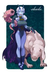Rule 34 | blue skin, cape, colored skin, creature, gloves, horns, monster, noumiso, original, pixiv, solo, white hair
