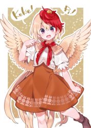 Rule 34 | 1girl, akagashi hagane, bird, blonde hair, blouse, boots, brown footwear, chick, commentary request, dress, feathered wings, hair between eyes, looking at viewer, multicolored hair, neckerchief, niwatari kutaka, open mouth, orange dress, outline, outside border, puffy short sleeves, puffy sleeves, red eyes, red hair, red neckerchief, shirt, short hair, short sleeves, solo, standing, tail, touhou, two-tone hair, white outline, white shirt, wings