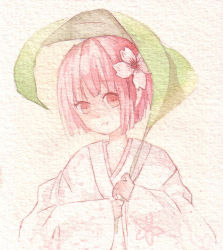 Rule 34 | 1girl, floral print, flower, hair flower, hair ornament, holding, holding leaf, japanese clothes, kimono, leaf, long sleeves, original, painting (medium), parted lips, patterned, patterned clothing, pink eyes, pink flower, pink hair, pink kimono, pink theme, short hair, smile, solo, texture, tkm (1322323425), traditional media, upper body, watercolor (medium), wide sleeves