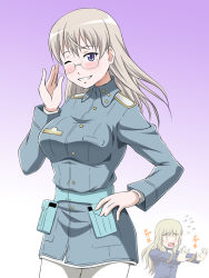 Rule 34 | 2girls, bespectacled, blonde hair, blush, breasts, eila ilmatar juutilainen, glasses, gradient background, grin, hand on own hip, hiro yoshinaka, large breasts, looking at viewer, military, military uniform, multiple girls, no eyewear, one eye closed, open mouth, pantyhose, parted lips, perrine h. clostermann, purple background, purple eyes, simple background, smile, strike witches, sweatdrop, teeth, uniform, white background, white hair, white legwear, world witches series