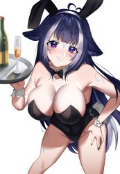Rule 34 | 1girl, absurdres, ahoge, alcohol, animal ears, arm tattoo, black hair, black leotard, black nails, breasts, chest tattoo, commentary, english commentary, facial tattoo, fake animal ears, fake tail, grin, hand on own hip, heart, heart ahoge, highres, holding, holding tray, indie virtual youtuber, large breasts, leg tattoo, leotard, long hair, looking at viewer, lulanoon, multicolored hair, nail polish, orca girl, playboy bunny, purple eyes, rabbit ears, rabbit tail, shylily, smile, streaked hair, tail, tattoo, tray, virtual youtuber, white hair, wrist cuffs
