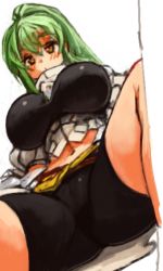 Rule 34 | 1girl, bike shorts, blush, breasts, crotch, female focus, green hair, high ponytail, large breasts, long hair, lying, navel, on back, original, ponytail, sachito, sidelocks, solo, spread legs, sumi-chan (sachito), thick thighs, thighs, yellow eyes