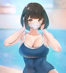 Rule 34 | 1girl, bare arms, black hair, blue one-piece swimsuit, blunt bangs, blurry, blurry background, bob cut, breasts, brown eyes, cleavage, collarbone, commentary request, competition swimsuit, covered navel, curvy, female focus, grayfox, hand in own hair, highres, indoors, large breasts, looking at viewer, mask, mole, mole on breast, mouth mask, one-piece swimsuit, original, photo-referenced, pool, short hair, solo, surgical mask, swimsuit, upper body