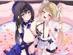 Rule 34 | 2girls, :d, arm under breasts, arm up, asymmetrical docking, bare shoulders, bed sheet, bedroom, belt, beret, black hair, blonde hair, blue neckerchief, blue skirt, blue thighhighs, blunt bangs, blurry, blurry background, blush, bow, breast hold, breast press, breasts, condom, condom wrapper, corset, covered erect nipples, criss-cross halter, depth of field, detached collar, detached sleeves, dress, fingernails, frills, from above, hair between eyes, hair bow, hair over shoulder, halterneck, hand to own mouth, hat, heart, heart-shaped pupils, highres, huge breasts, idol, idol clothes, indoors, kneeling, large bow, large breasts, long hair, long sleeves, looking at viewer, miniskirt, multiple girls, navy (navy.blue), neckerchief, no bra, no shoes, on bed, open mouth, original, petals, pillow, pink eyes, rose petals, sidelocks, skirt, smile, straight hair, symbol-shaped pupils, thighhighs, twintails, white belt, white dress, white thighhighs, wrist cuffs