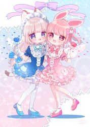 Rule 34 | 2girls, :d, ame usako, animal ear fluff, animal ears, blue bow, blue dress, blue eyes, blue footwear, blush, bow, cat ears, cat hair ornament, commentary request, dress, fake animal ears, frilled dress, frills, gloves, hair bow, hair ornament, hairband, heart, highres, holding, holding hands, interlocked fingers, light brown hair, long hair, magical girl, multiple girls, open mouth, original, pink dress, pink footwear, pink hairband, puffy short sleeves, puffy sleeves, purple bow, rabbit ears, rabbit hair ornament, red eyes, shoes, short sleeves, signature, smile, socks, striped, striped bow, thighhighs, two side up, very long hair, white gloves, white legwear, white wings, wings
