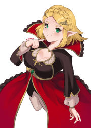 Rule 34 | 1girl, bat hair ornament, blonde hair, braid, breasts, cleavage, cleavage cutout, clothing cutout, crown braid, fangs, fangs out, from above, full body, green eyes, hair ornament, halloween costume, high collar, highres, jumping, large breasts, looking at viewer, nintendo, pointy ears, princess zelda, short hair, simple background, smile, solo, spiffydc, the legend of zelda, the legend of zelda: breath of the wild, the legend of zelda: tears of the kingdom, triforce, vampire, white background