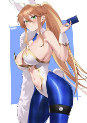 Rule 34 | 1girl, absurdres, animal ears, artoria pendragon (all), artoria pendragon (fate), artoria pendragon (swimsuit ruler) (fate), blonde hair, blue necktie, blue pantyhose, breasts, card, closed mouth, clothing cutout, detached collar, fate/grand order, fate (series), green eyes, hair between eyes, highleg, highleg leotard, highres, holding, holding card, kurozawa yui, large breasts, leotard, light blush, long hair, looking at viewer, nail polish, navel, navel cutout, necktie, pantyhose, playboy bunny, ponytail, rabbit ears, short necktie, signature, solo, thigh strap, two-tone background, white leotard, white wrist cuffs, wrist cuffs