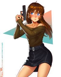 Rule 34 | 1girl, absurdres, bare legs, bare shoulders, belt, black skirt, blue eyes, blush, breasts, brooke (mleth), brown hair, brown sweater, closed mouth, collarbone, commentary, english commentary, female focus, freckles, glock, green sweater, gun, hair between eyes, hair down, handgun, hands up, highres, holding, holding gun, holding weapon, legs, lips, long hair, long sleeves, looking at viewer, mleth, neck, off-shoulder, off-shoulder sweater, off shoulder, original, pencil skirt, ribbed sweater, serious, skirt, sleeves past wrists, small breasts, solo, standing, sweater, trigger discipline, weapon