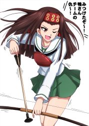 Rule 34 | 1girl, ;d, arrow (projectile), black neckerchief, blouse, blue jacket, bow (weapon), brown eyes, brown hair, commentary, girls und panzer, green skirt, headband, highres, holding, holding arrow, holding bow (weapon), holding weapon, jacket, long hair, long sleeves, looking to the side, miniskirt, motion lines, muneate, neckerchief, omachi (slabco), one eye closed, ooarai school uniform, open mouth, pleated skirt, red headband, saemonza (girls und panzer), sailor collar, school uniform, serafuku, shirt, simple background, skirt, smile, solo, standing, straight hair, translated, weapon, white background, white sailor collar, white shirt