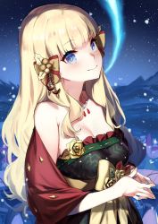 Rule 34 | 1girl, 92m, blonde hair, blue eyes, blunt bangs, blush, bow, breasts, hair bow, hair ornament, highres, large breasts, long hair, looking at viewer, princess connect!, saren (christmas) (princess connect!), saren (princess connect!), smile, solo