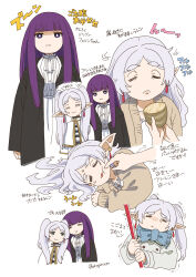 Rule 34 | 2girls, :&gt;, :&lt;, :3, annoyed, black coat, blue scarf, blunt bangs, bread, capelet, cheek poking, closed eyes, closed mouth, coat, collar, commentary request, cropped torso, dress, earrings, elf, expressions, fern (sousou no frieren), food, frieren, frilled collar, frills, gold trim, green eyes, hair down, heads together, high collar, highres, holding, holding food, holding staff, hood, hooded coat, jewelry, kotomozou, long hair, long sleeves, multiple girls, multiple views, open mouth, parted bangs, pointy ears, poking, pout, purple eyes, purple hair, scarf, sidelocks, simple background, sleeping, smile, sousou no frieren, staff, straight hair, sweatdrop, translation request, trembling, twintails, twitter username, white background, white capelet, white coat, white dress, white hair
