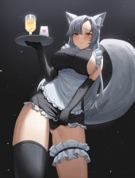 Rule 34 | 1girl, 3:, absurdres, animal ear fluff, animal ears, apron, artist request, black background, black thighhighs, blush, breasts, bridal garter, cowboy shot, dress, drink, embarrassed, eun soyeon (lustyfox), fox ears, fox tail, frilled apron, frilled dress, frills, from below, heart, highres, holding, holding plate, large breasts, long hair, looking at viewer, maid, original, panties, plate, short dress, sideboob, single thighhigh, sleeveless, sleeveless dress, solo, swept bangs, tail, tail raised, thighhighs, underwear, yellow eyes