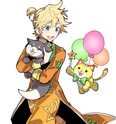 Rule 34 | 1boy, absurdres, bad id, bad pixiv id, baggy pants, balloon, blonde hair, bow, bowtie, clothing cutout, collared jacket, green bow, green bowtie, green eyes, green theme, happy, headset, hgi66r8, high ponytail, highres, holding, holding stuffed toy, holding wand, jacket, kagamine len, limited palette, looking down, male focus, open mouth, orange jacket, orange pants, orange theme, pants, project sekai, short ponytail, simple background, slit pupils, smile, star cutout, star wand, striped clothes, striped pants, stuffed animal, stuffed cat, stuffed dog, stuffed toy, tailcoat, teeth, tsurime, upper teeth only, vertical-striped clothes, vertical-striped pants, vocaloid, wand, white background, wonderlands x showtime len, yellow theme