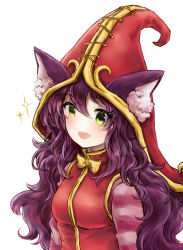 Rule 34 | 1girl, animal ears, blush, breasts, fairy, furan (marina6123), green eyes, hair between eyes, hat, highres, league of legends, long hair, long sleeves, looking at viewer, lulu (league of legends), open mouth, pointy ears, purple hair, ribbon, shirt, simple background, smile, witch hat, yordle