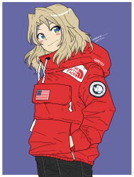 Rule 34 | 1girl, absurdres, american flag, artist name, black pants, blonde hair, blue background, blue eyes, blush stickers, casual, closed mouth, coat, commentary, cowboy shot, drawstring, english commentary, english text, girls und panzer, gore-tex, hair intakes, hands in pockets, highres, hood, hooded coat, kay (girls und panzer), logo, long hair, long sleeves, looking at viewer, pants, red coat, signature, smirk, solo, standing, supreme, supreme (brand), the north face, zono (inokura syuzo029)