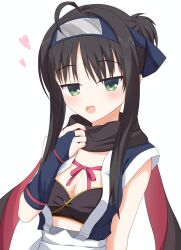 Rule 34 | 1230 mochi, 1girl, absurdres, adjusting scarf, ahoge, arm at side, armor, black hair, black scarf, blue gloves, blue kimono, blush, breastplate, breasts, cleavage, commentary, fingerless gloves, forehead protector, gloves, green eyes, hair between eyes, hand up, heart, highres, hitachi mako, japanese clothes, kimono, looking at viewer, medium breasts, ninja, obi, open mouth, sash, scarf, senren banka, short hair with long locks, short ponytail, simple background, sleeveless, sleeveless kimono, smile, solo, straight hair, tsurime, upper body, white background