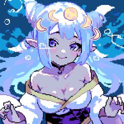 Rule 34 | 1girl, ahiru tokotoko, bare shoulders, blue background, blue eyes, breasts, cleavage, closed mouth, collarbone, commentary, highres, horns, indie virtual youtuber, large breasts, long hair, long sleeves, looking at viewer, original, pixel art, pointy ears, smile, solo, upper body, virtual youtuber, white hair
