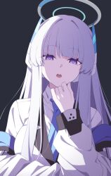 Rule 34 | 1girl, black background, blazer, blue archive, blue necktie, blunt bangs, coat, collared shirt, halo, headgear, highres, jacket, long hair, long sleeves, looking at viewer, necktie, noa (blue archive), open clothes, open coat, parted lips, purple eyes, reia 76, school uniform, shirt, sidelocks, simple background, solo, upper body, white coat, white hair, white jacket, white shirt